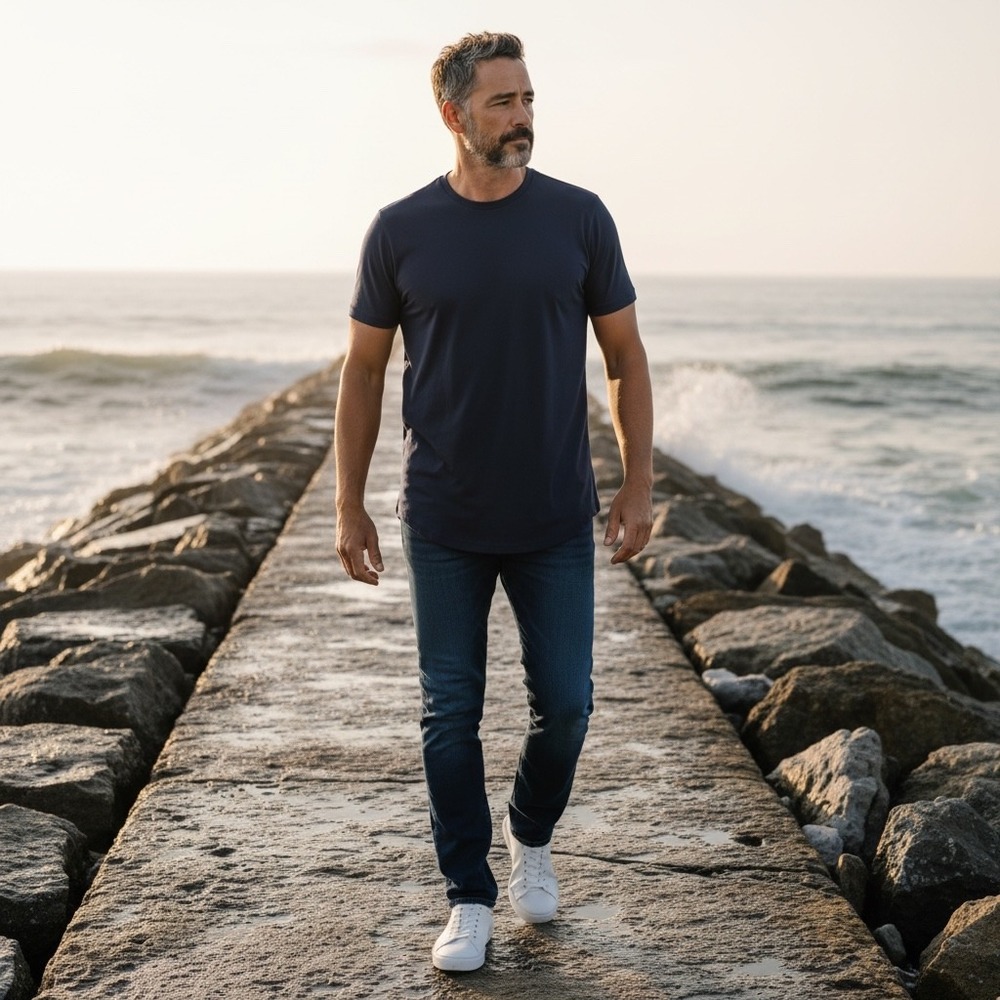 BYLT Basics Mens Drop-Cut T-Shirt Navy Blue Curved Hem Crew Neck Large 2407